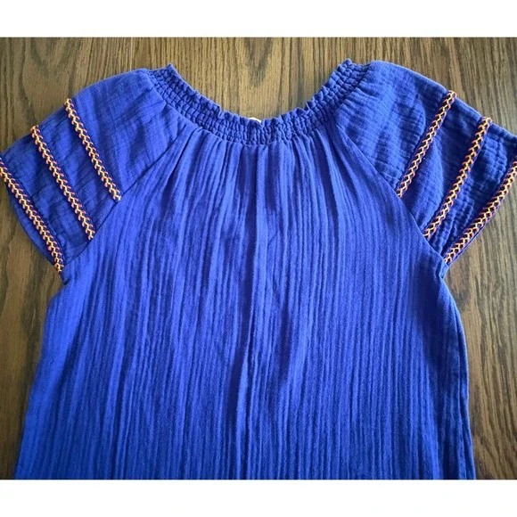 NWT Democracy Blouse XS Blue Crinkle Gauze Embroidered Short Sleeve Smocked - Picture 7 of 11